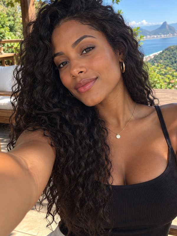 Mulher de cabelo cacheado sem óculos, foto enviada para a análise