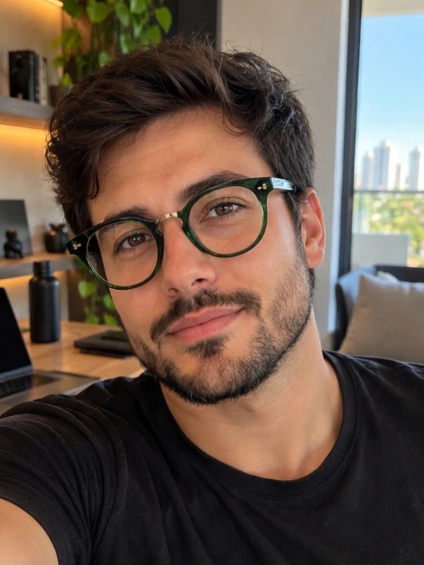 O mesmo homem usando uma armação panto em acetato verde mesclado